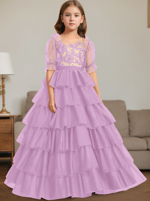 Ball-Gown Scoop Neck Sleeveless Floor-Length Flower Girl Dress with Lace