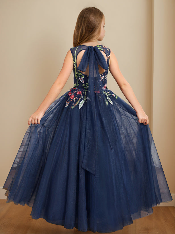 A-Line/Princess Scoop Neck Sleeveless Floor-Length Flower Girl Dress with Embroidery, Dark Navy A-Line/Princess Scoop Neck Sleeveless Floor-Length Flower Girl Dress with Embroidery, Dark Navy