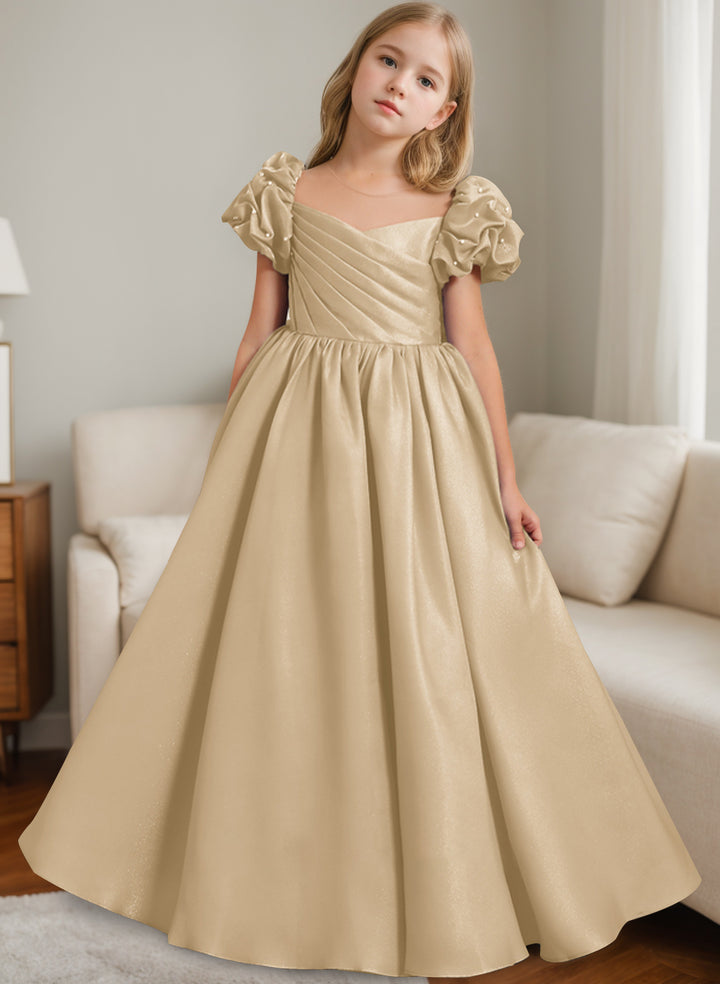 A-Line/Princess Scoop Neck Short Sleeves Floor-Length Flower Girl Dress with Ruffles