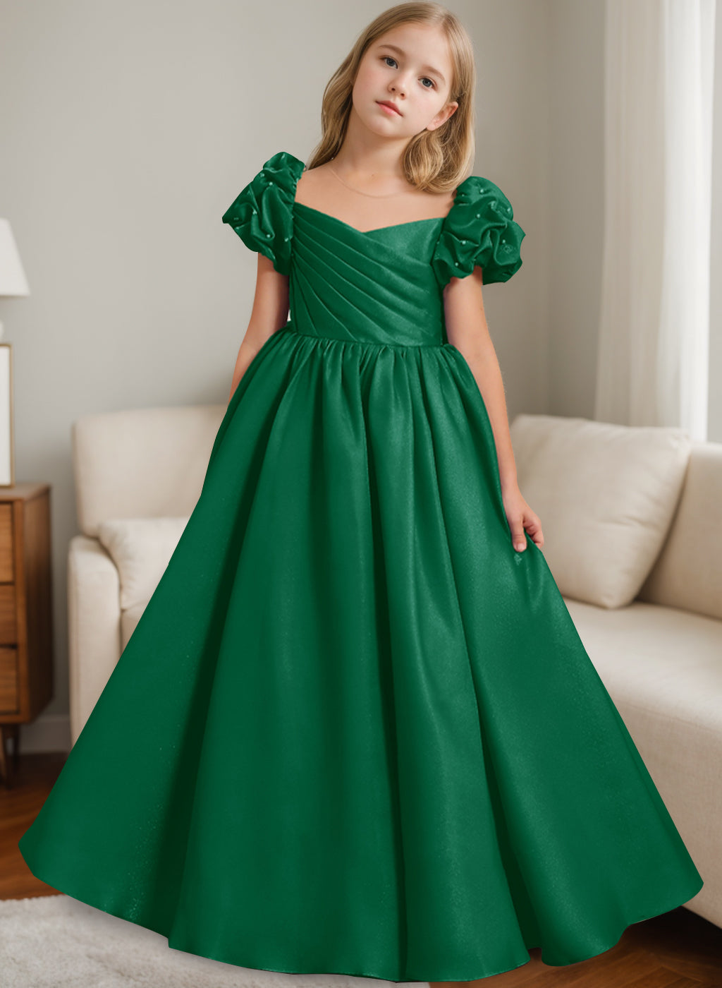 A-Line/Princess Scoop Neck Short Sleeves Floor-Length Flower Girl Dress with Ruffles Dark Green A-Line/Princess Scoop Neck Short Sleeves Floor-Length Flower Girl Dress with Ruffles Dark Green