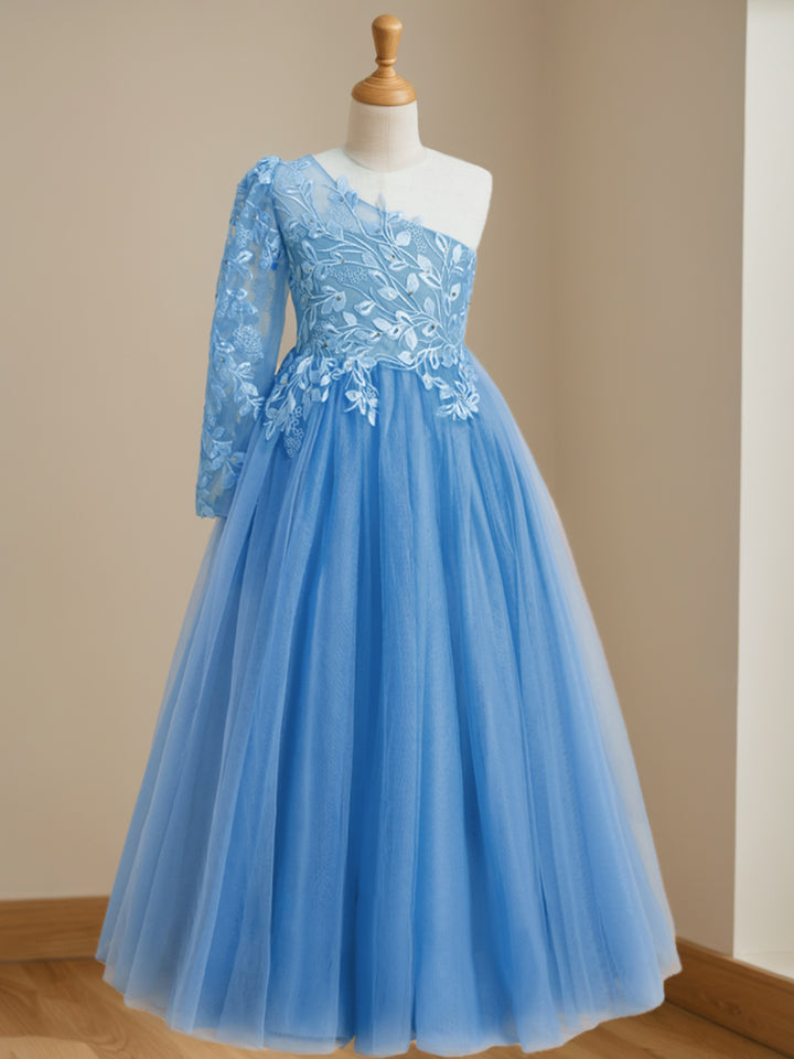 A-Line/Princess One-Shoulder Floor-Length Flower Girl Dress with Appliques