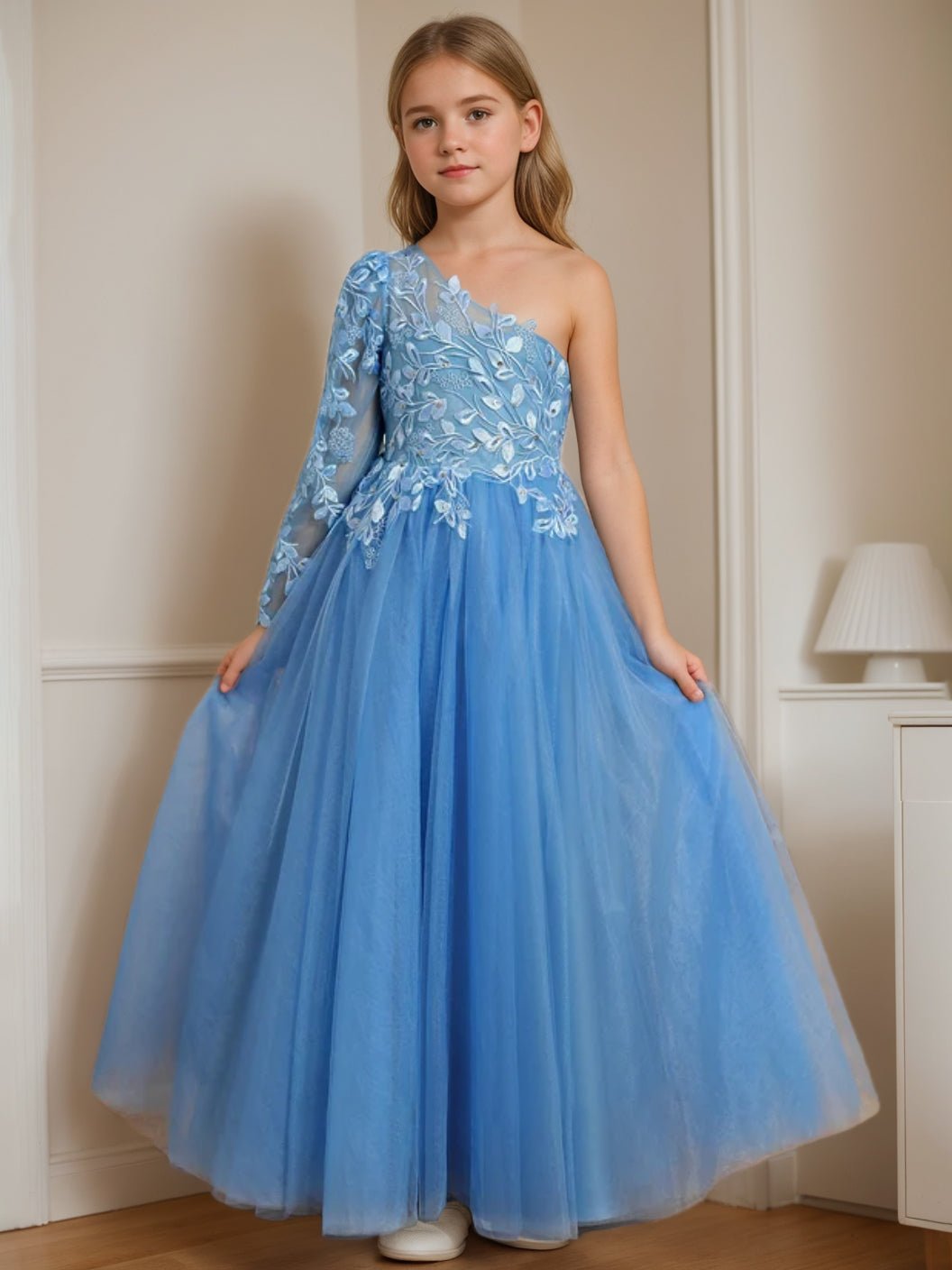 A-Line/Princess One-Shoulder Floor-Length Flower Girl Dress with Appliques