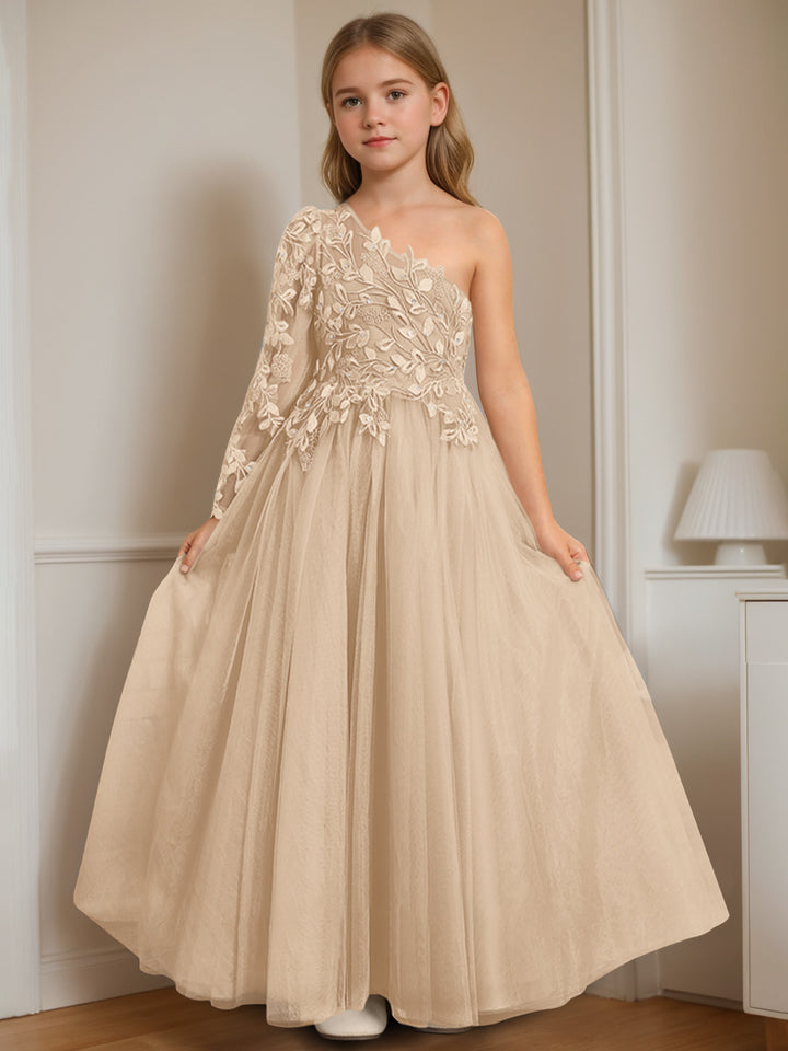 A-Line/Princess One-Shoulder Floor-Length Flower Girl Dress with Appliques