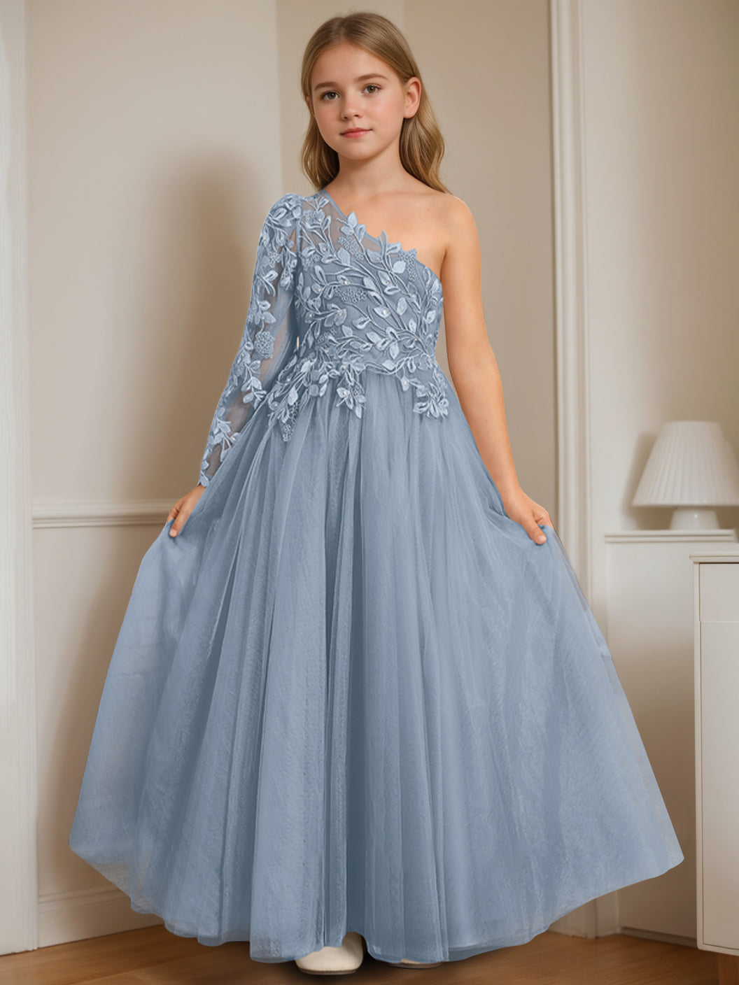 A-Line/Princess One-Shoulder Floor-Length Flower Girl Dress with Appliques