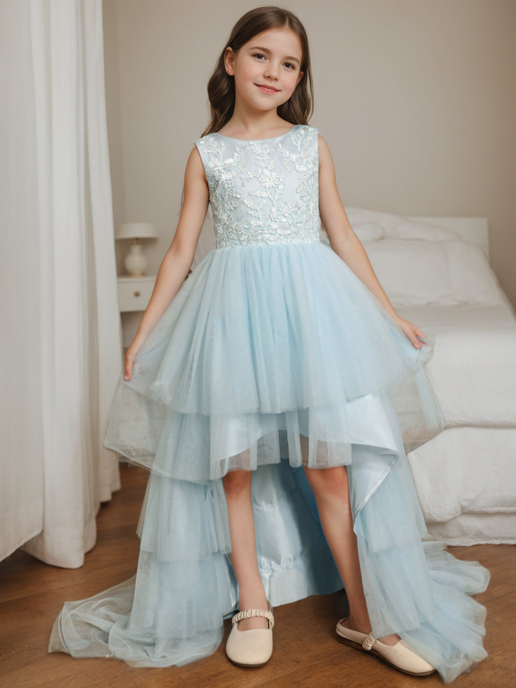 Ball-Gown Scoop Neck Sleeveless Asymmetrical Flower Girl Dress with Bowknot