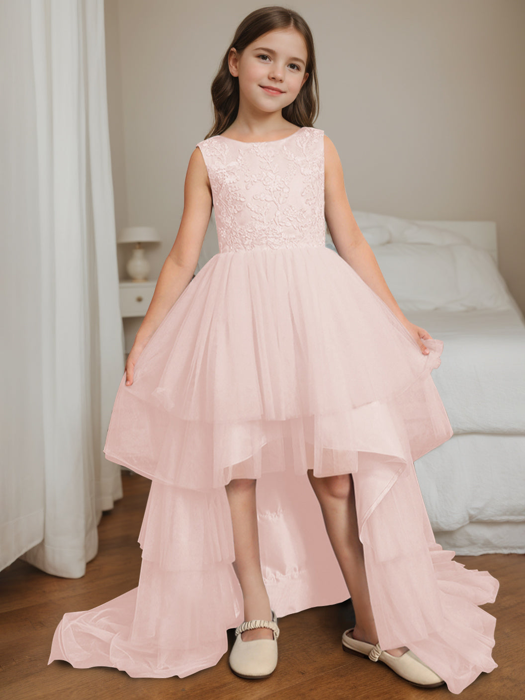 Ball-Gown Scoop Neck Sleeveless Asymmetrical Flower Girl Dress with Bowknot