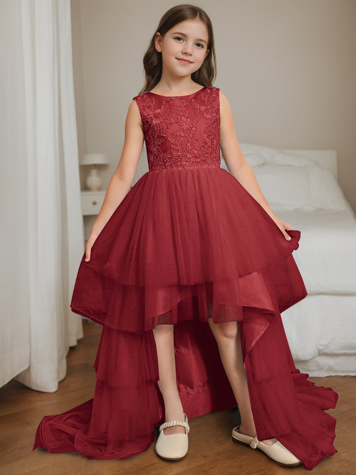 Ball-Gown Scoop Neck Sleeveless Asymmetrical Flower Girl Dress with Bowknot