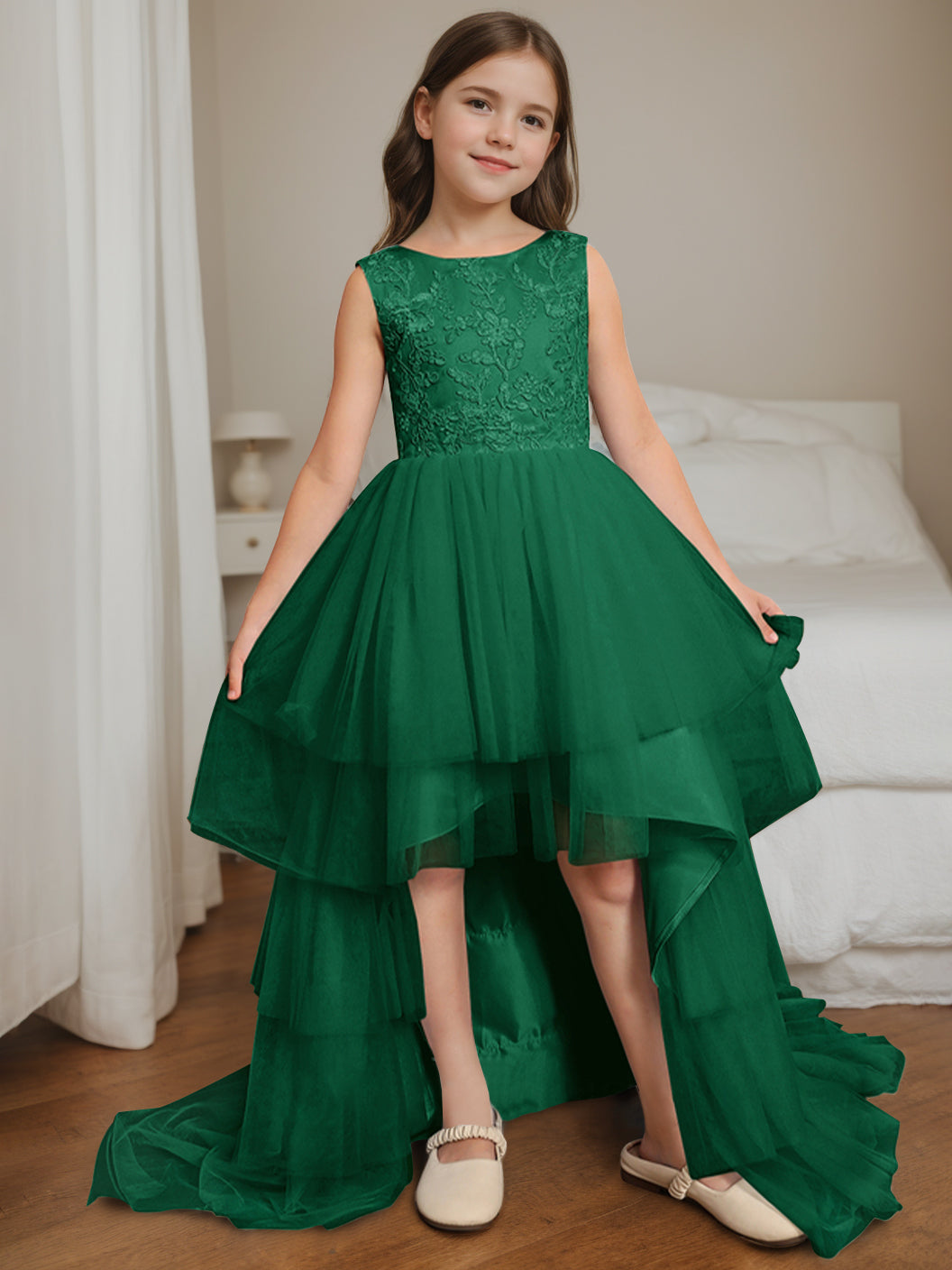 Ball-Gown Scoop Neck Sleeveless Asymmetrical Flower Girl Dress with Bowknot