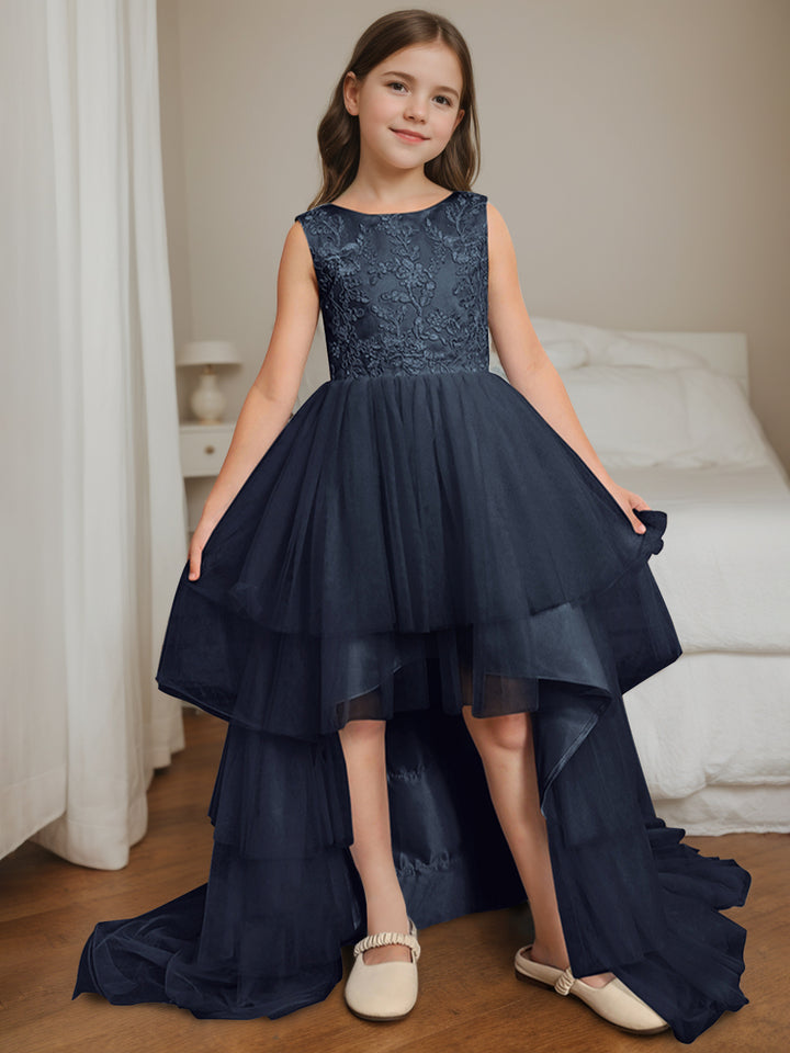 Ball-Gown Scoop Neck Sleeveless Asymmetrical Flower Girl Dress with Bowknot