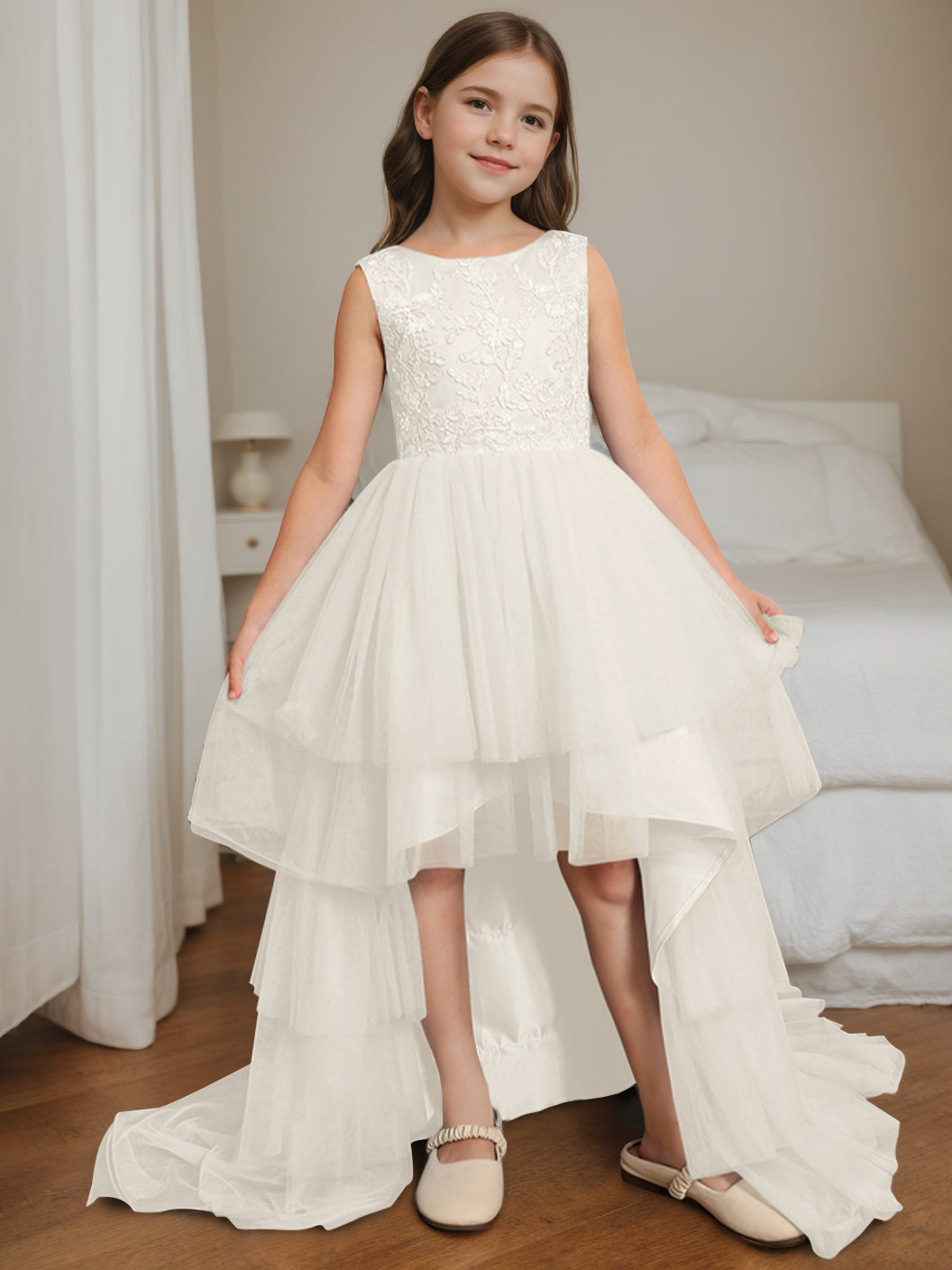 Ball-Gown Scoop Neck Sleeveless Asymmetrical Flower Girl Dress with Bowknot