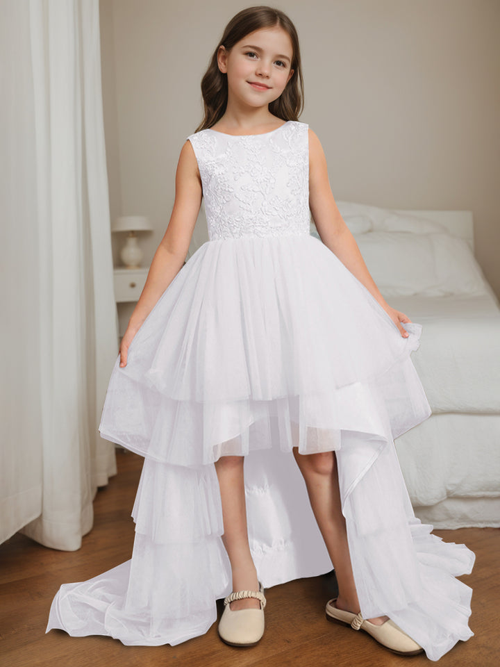 Ball-Gown Scoop Neck Sleeveless Asymmetrical Flower Girl Dress with Bowknot