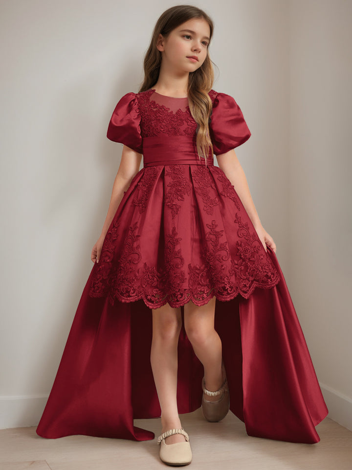 Ball-Gown Scoop Neck Short Sleeves Knee-Length Flower Girl Dress with Appliques