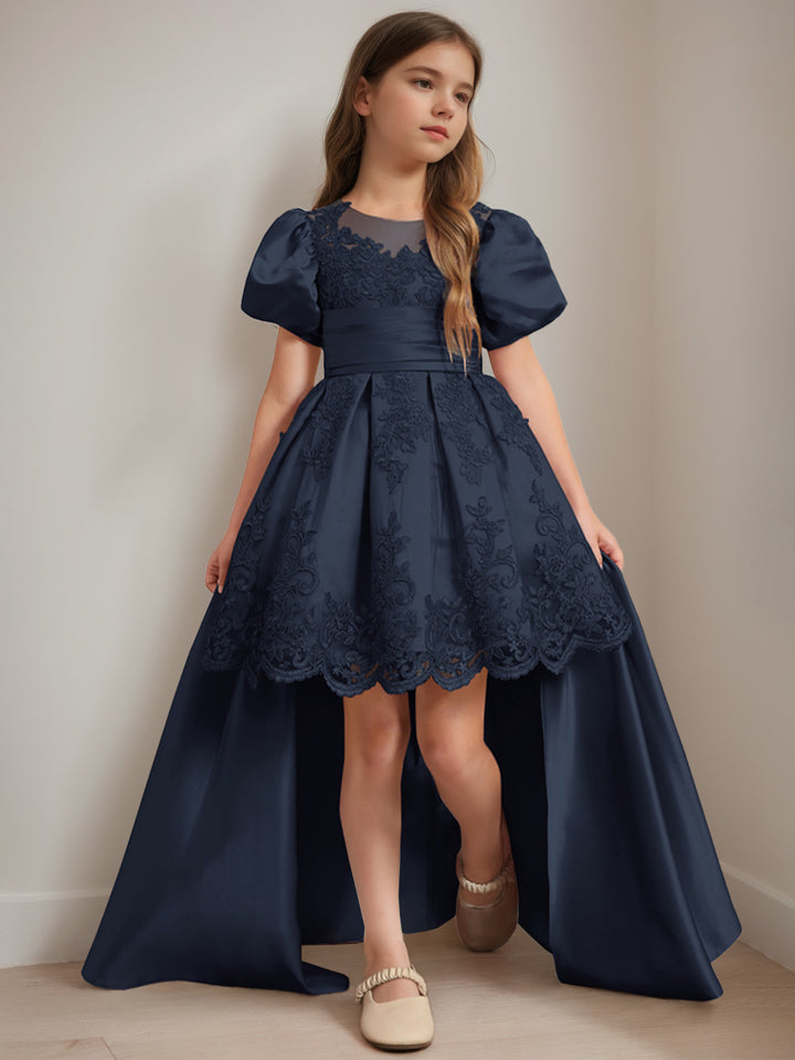 Ball-Gown Scoop Neck Short Sleeves Knee-Length Flower Girl Dress with Appliques