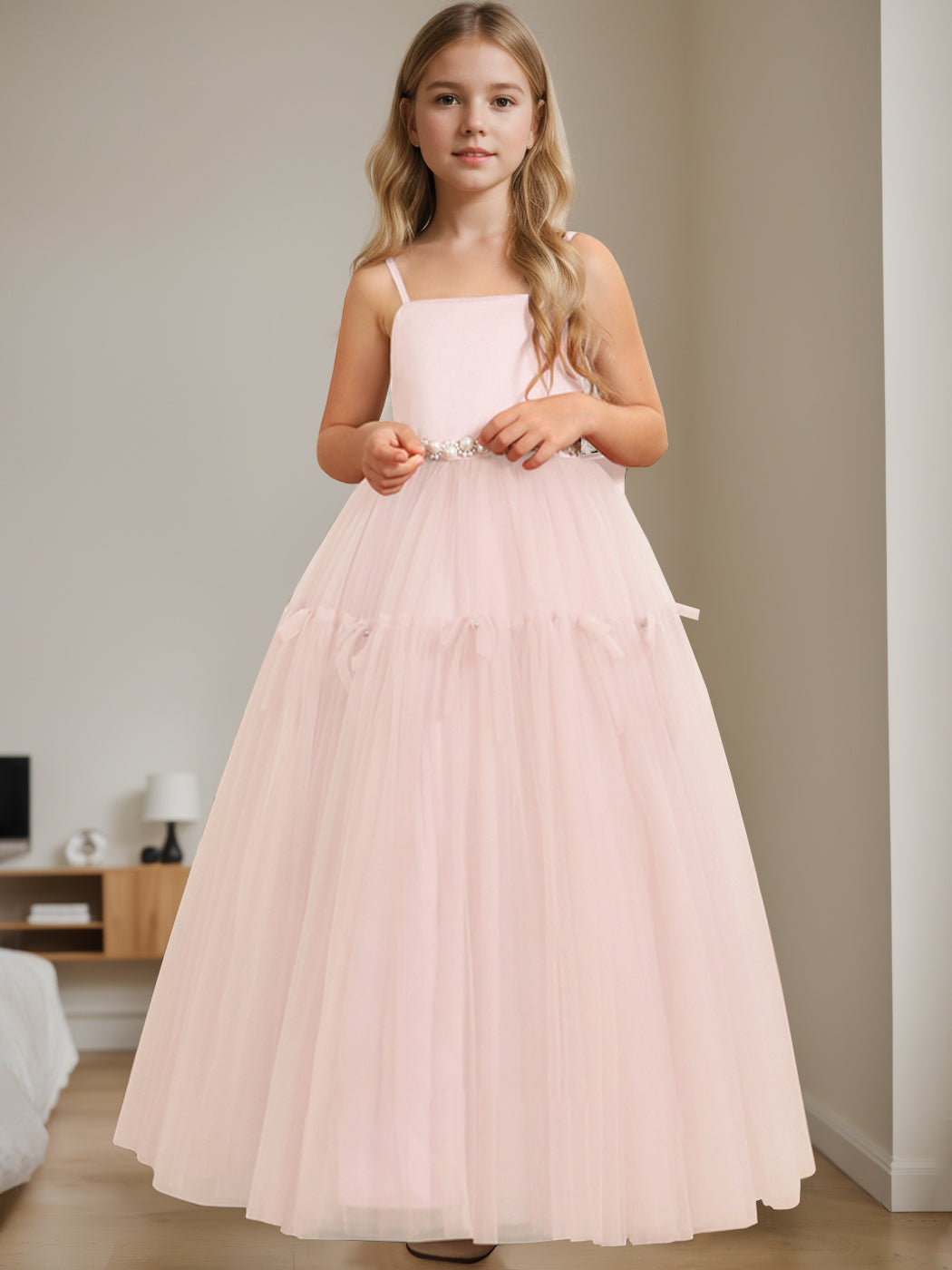 A-Line/Princess Square Neck Sleeveless Floor-Length Flower Girl Dress with Beading Blush Pink A-Line/Princess Square Neck Sleeveless Floor-Length Flower Girl Dress with Beading Blush Pink