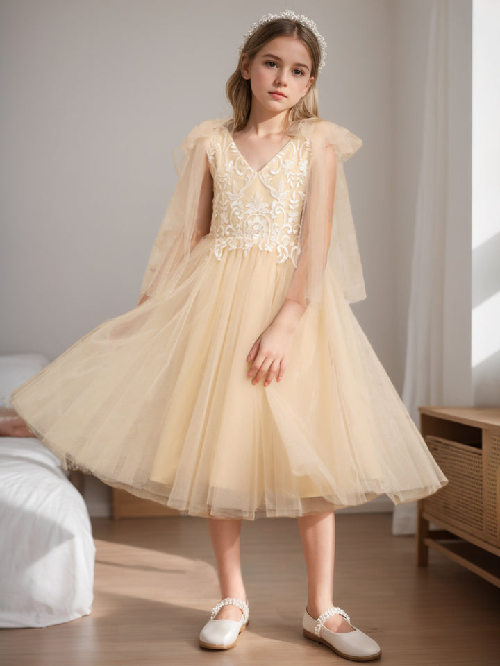 A-Line/Princess V-Neck Sleeveless Tea-Length Flower Girl Dress with Lace