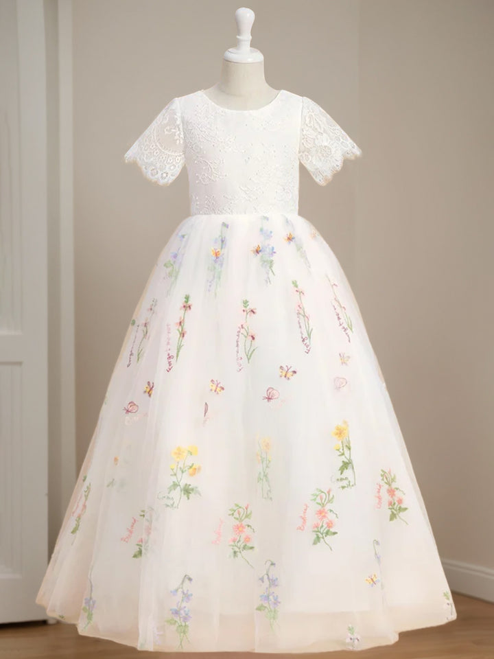 A-Line/Princess Scoop Neck Short Sleeves Floor-Length Flower Girl Dress with Lace