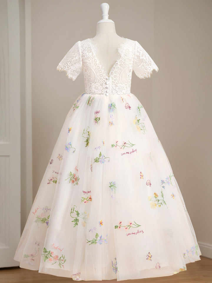 A-Line/Princess Scoop Neck Short Sleeves Floor-Length Flower Girl Dress with Lace