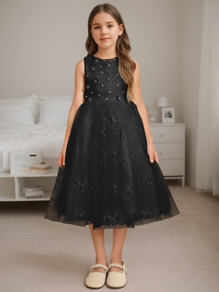 A-Line/Princess Scoop Neck Sleeveless Tea-Length Flower Girl Dress with Beading