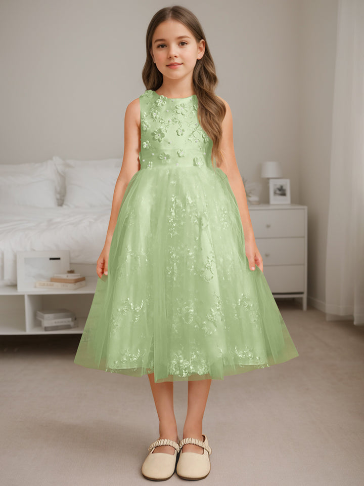 A-Line/Princess Scoop Neck Sleeveless Tea-Length Flower Girl Dress with Beading