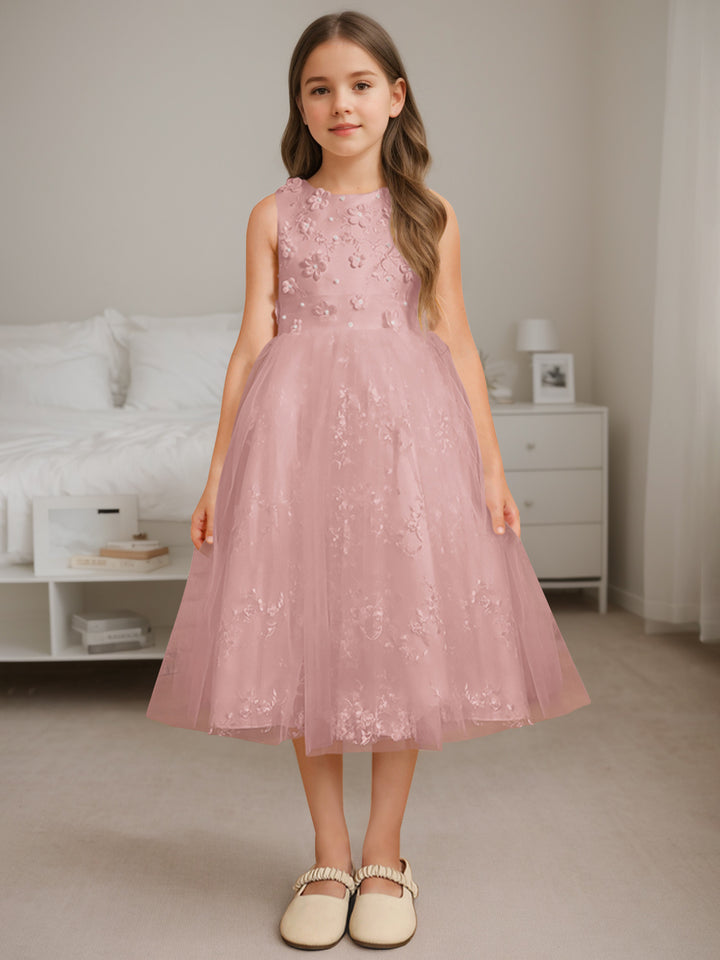 A-Line/Princess Scoop Neck Sleeveless Tea-Length Flower Girl Dress with Beading