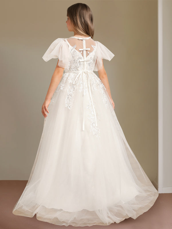 Ball-Gown Jewel Neck Short Sleeves Floor-Length Flower Girl Dress with Lace