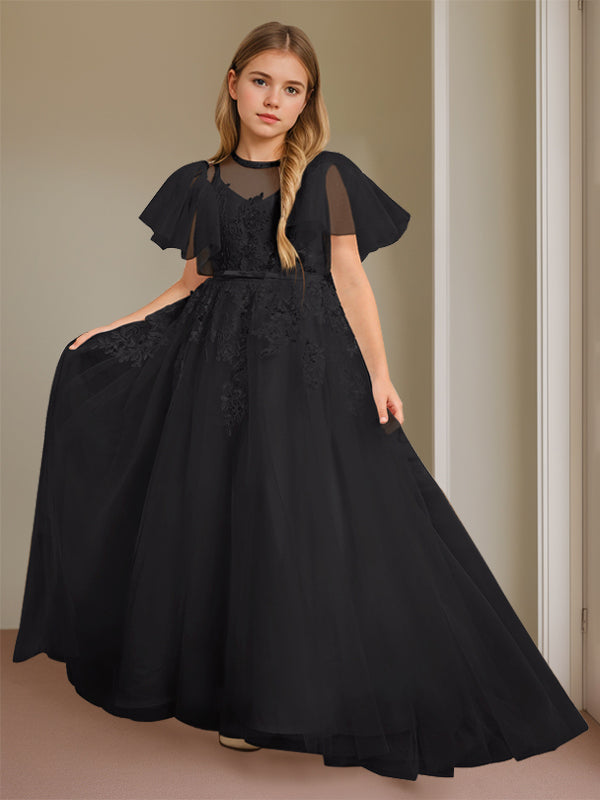 Ball-Gown Jewel Neck Short Sleeves Floor-Length Flower Girl Dress with Lace