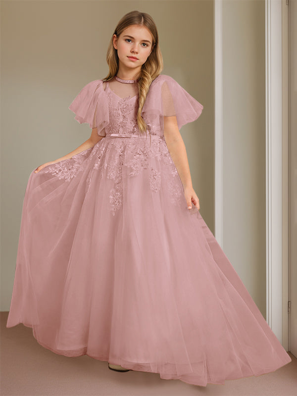 Ball-Gown Jewel Neck Short Sleeves Floor-Length Flower Girl Dress with Lace