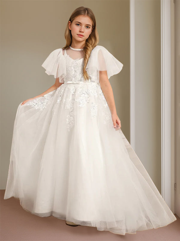 Ball-Gown Jewel Neck Short Sleeves Floor-Length Flower Girl Dress with Lace