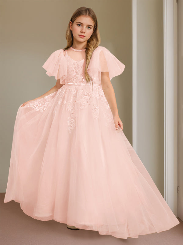 Ball-Gown Jewel Neck Short Sleeves Floor-Length Flower Girl Dress with Lace