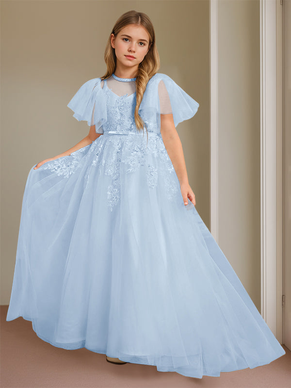 Ball-Gown Jewel Neck Short Sleeves Floor-Length Flower Girl Dress with Lace