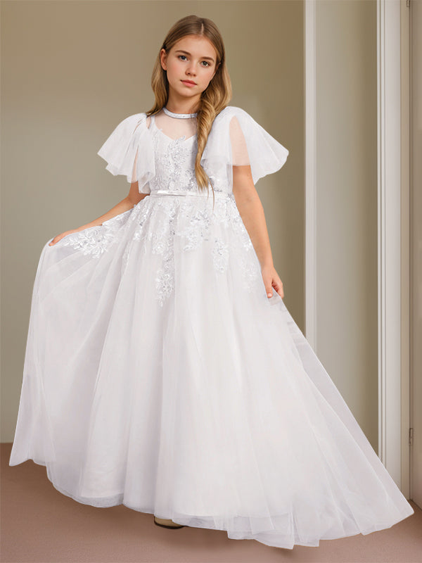 Ball-Gown Jewel Neck Short Sleeves Floor-Length Flower Girl Dress with Lace