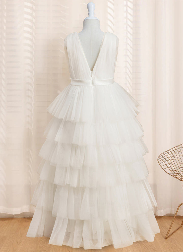 Ball-Gown V-Neck Sleeveless Floor-Length Flower Girl Dress With Ruffles