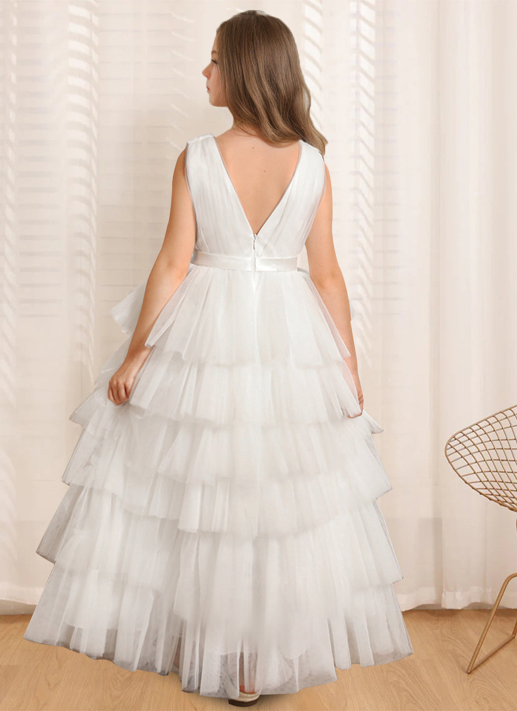 Ball-Gown V-Neck Sleeveless Floor-Length Flower Girl Dress With Ruffles