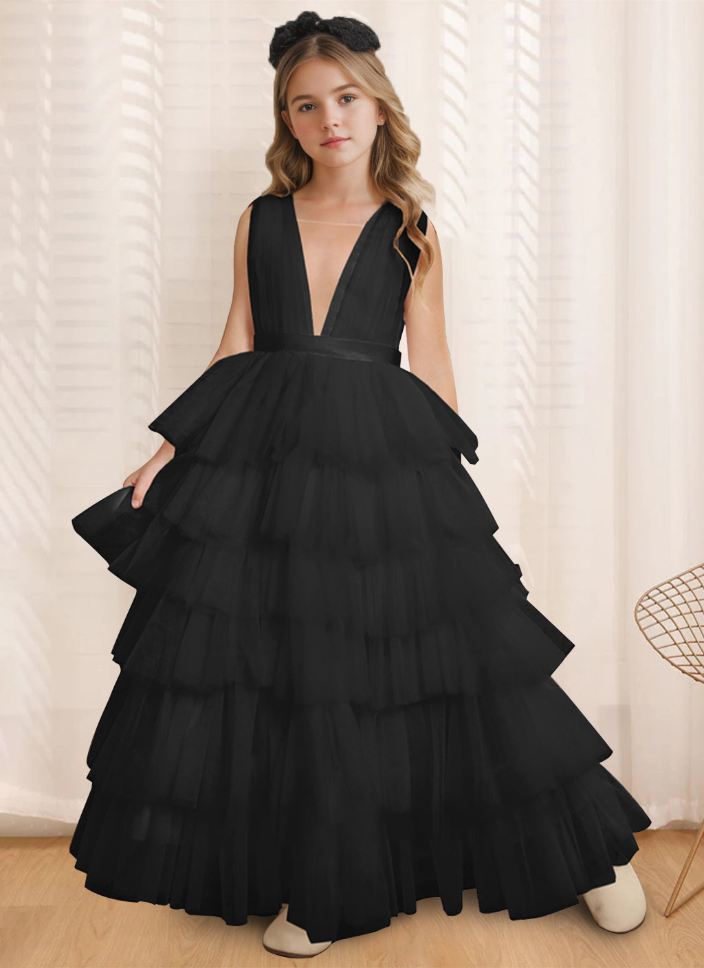 Ball-Gown V-Neck Sleeveless Floor-Length Flower Girl Dress With Ruffles