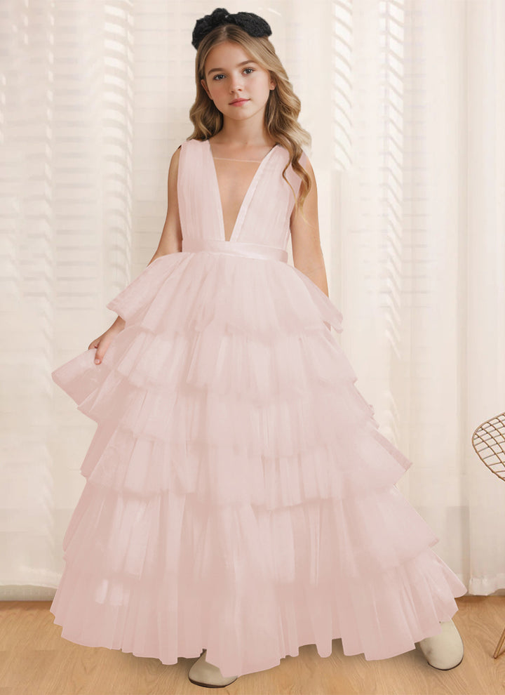 Ball-Gown V-Neck Sleeveless Floor-Length Flower Girl Dress With Ruffles