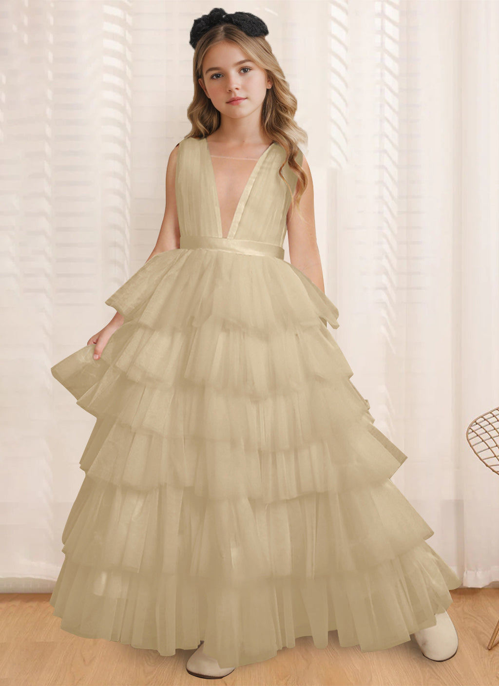 Ball-Gown V-Neck Sleeveless Floor-Length Flower Girl Dress With Ruffles