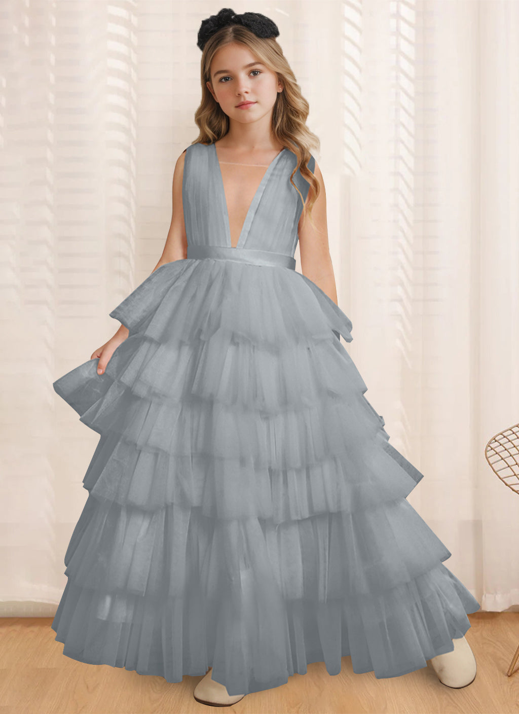 Ball-Gown V-Neck Sleeveless Floor-Length Flower Girl Dress With Ruffles