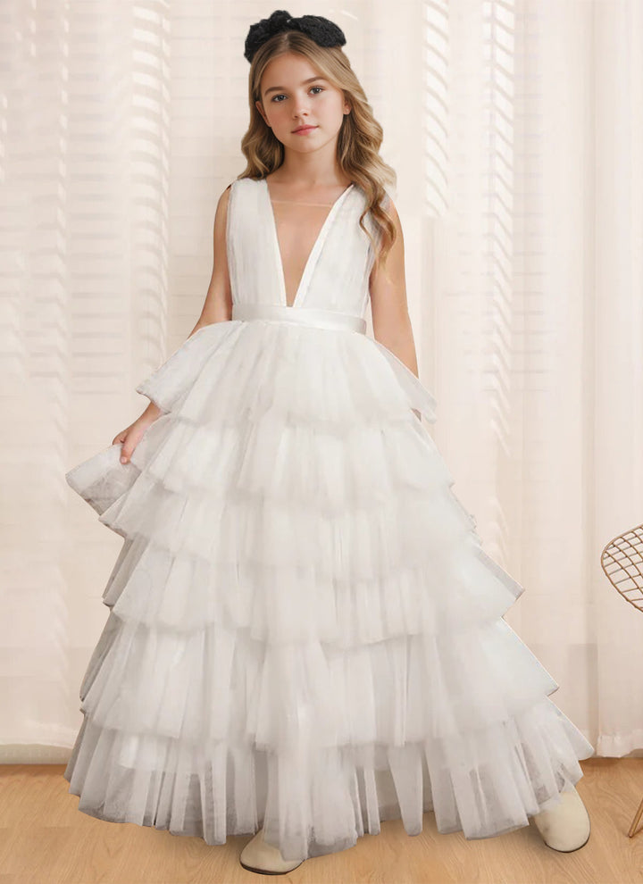 Ball-Gown V-Neck Sleeveless Floor-Length Flower Girl Dress With Ruffles