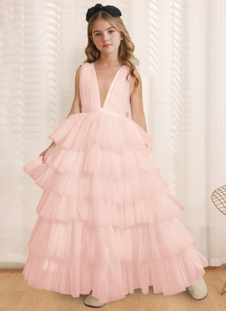 Ball-Gown V-Neck Sleeveless Floor-Length Flower Girl Dress With Ruffles