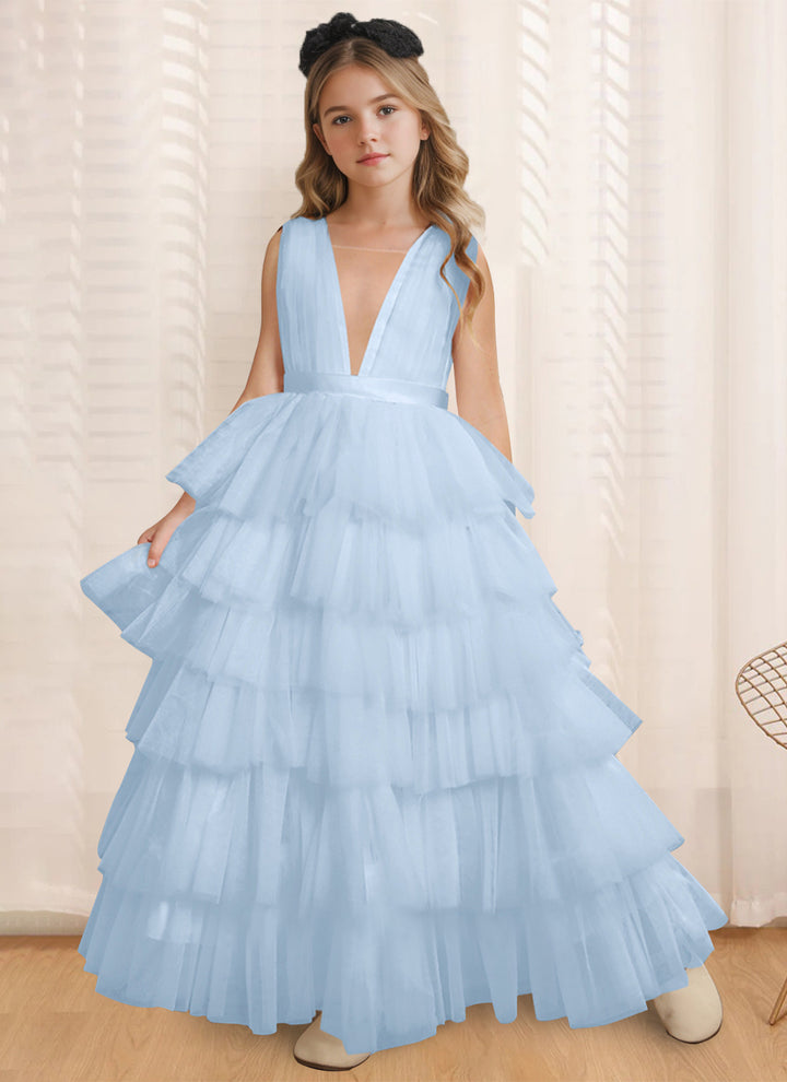 Ball-Gown V-Neck Sleeveless Floor-Length Flower Girl Dress With Ruffles