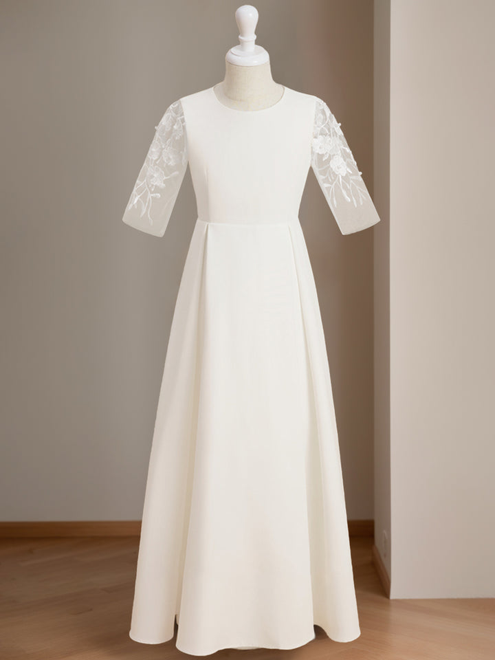 A-Line/Princess Scoop Neck Half Sleeves Floor-Length Flower Girl Dress with Lace