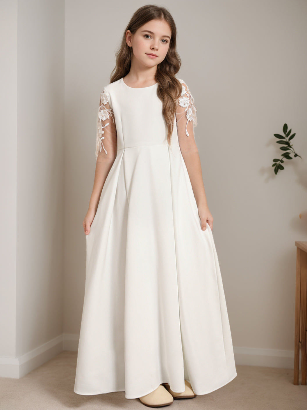 A-Line/Princess Scoop Neck Half Sleeves Floor-Length Flower Girl Dress with Lace