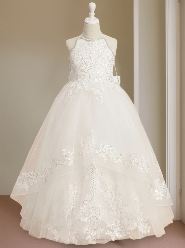 A-Line/Princess Halter Sleeveless Floor-Length Flower Girl Dress with Rhinestone