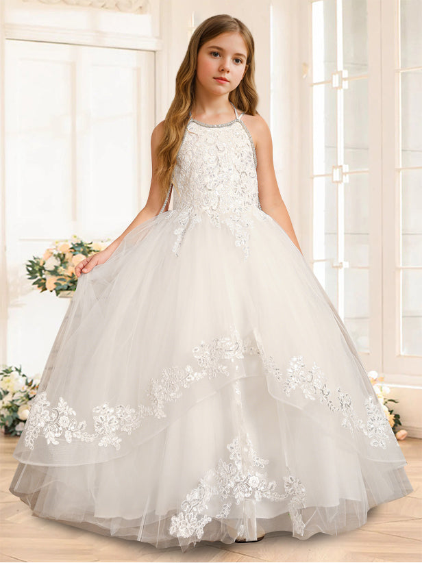 A-Line/Princess Halter Sleeveless Floor-Length Flower Girl Dress with Rhinestone Dusty Blue
