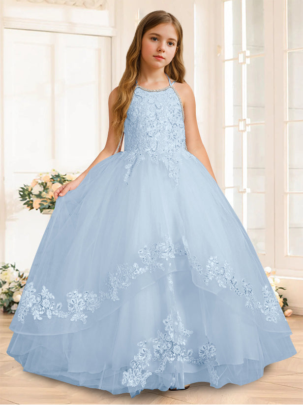 A-Line/Princess Halter Sleeveless Floor-Length Flower Girl Dress with Rhinestone