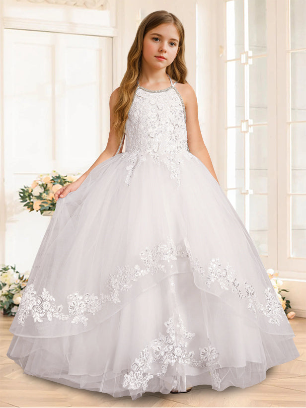 A-Line/Princess Halter Sleeveless Floor-Length Flower Girl Dress with Rhinestone, Ivory A-Line/Princess Halter Sleeveless Floor-Length Flower Girl Dress with Rhinestone, Ivory