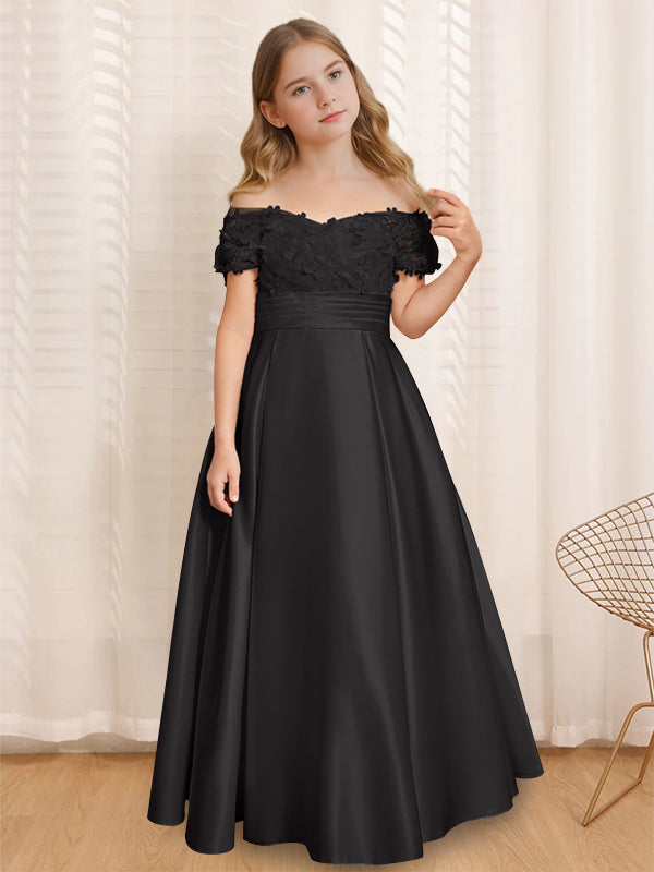 A-Line/Princess Off-the-Shoulder Short Sleeves Floor-Length Flower Girl Dress with Ruffles