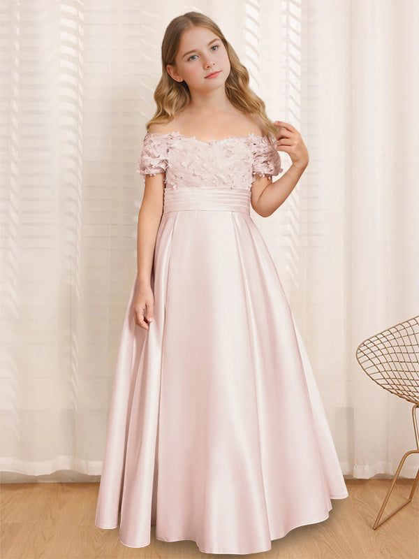 A-Line/Princess Off-the-Shoulder Short Sleeves Floor-Length Flower Girl Dress with Ruffles