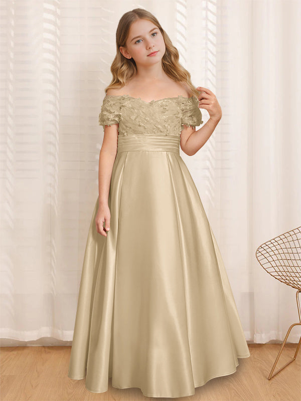 A-Line/Princess Off-the-Shoulder Short Sleeves Floor-Length Flower Girl Dress with Ruffles Champagne A-Line/Princess Off-the-Shoulder Short Sleeves Floor-Length Flower Girl Dress with Ruffles Champagne