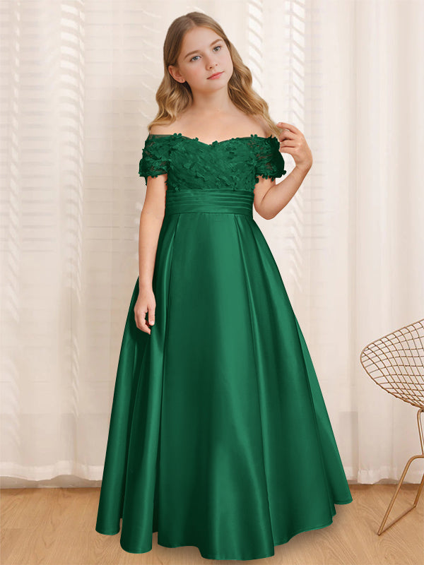 A-Line/Princess Off-the-Shoulder Short Sleeves Floor-Length Flower Girl Dress with Ruffles